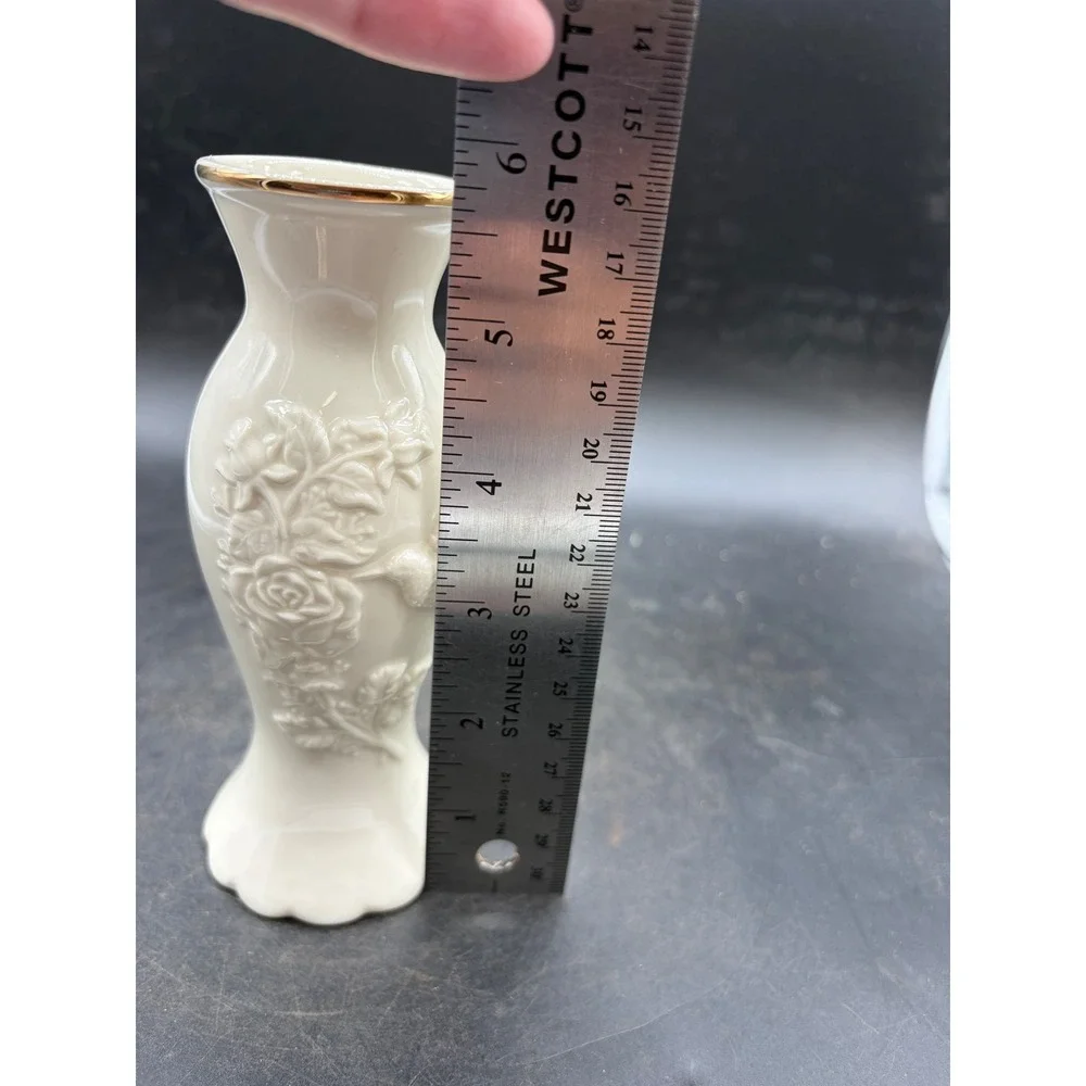 Lenox Ivory China Hummingbird and Rose Bud Vase Gold Trim Scalloped Base 6.25in